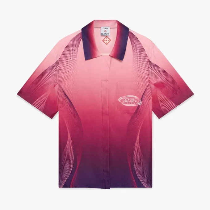 Auberginefärgad kortärmad silkesskjorta med kubansk krage i Shorts-stil