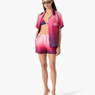 Auberginefärgad kortärmad silkesskjorta med kubansk krage i Shorts-stil