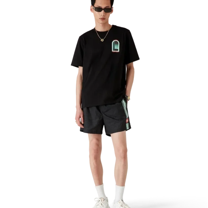 Badshorts med monogram och jacquardränder