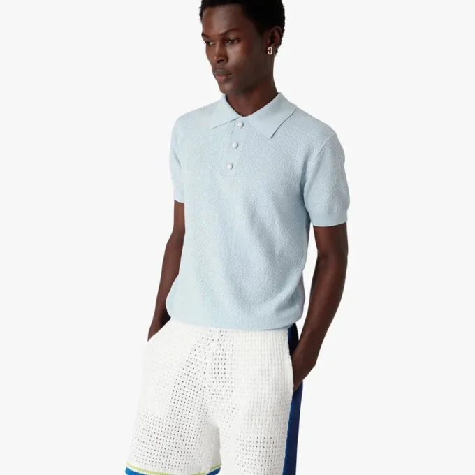Blå kortärmad pikétröja med Pointelle-monogram