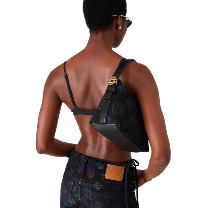 Blå läderväska med logotyp