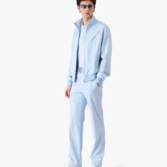 Blå skräddarsydda jacquardbyxor med monogrammönster