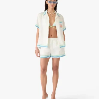 Blommig kortärmad silkeshorts med kubansk krage