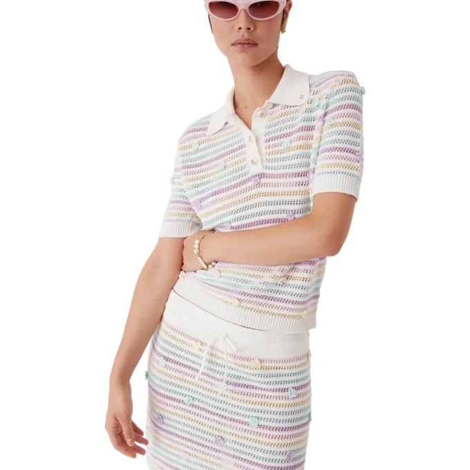 Blommig randig bomullspikétröja i virkat