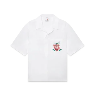 Broderad kortärmad skjorta i bomullspoplin