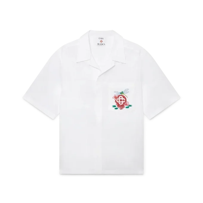 Broderad kortärmad skjorta i bomullspoplin