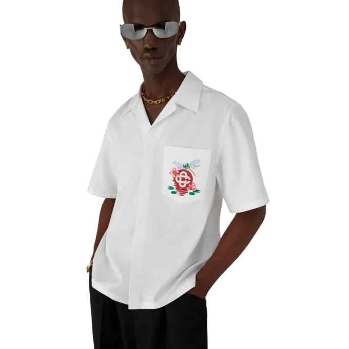 Broderad kortärmad skjorta i bomullspoplin