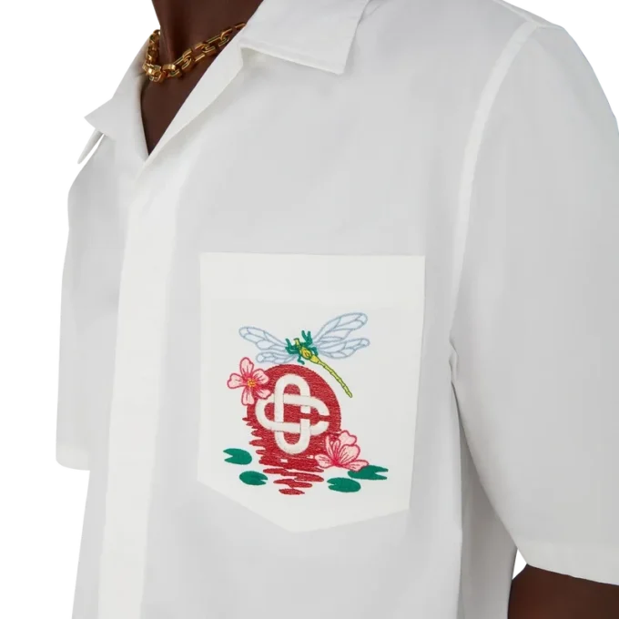 Broderad kortärmad skjorta i bomullspoplin