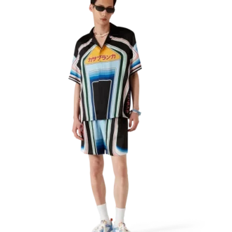 Grafisk kortärmad silkesskjorta med bergsmotiv