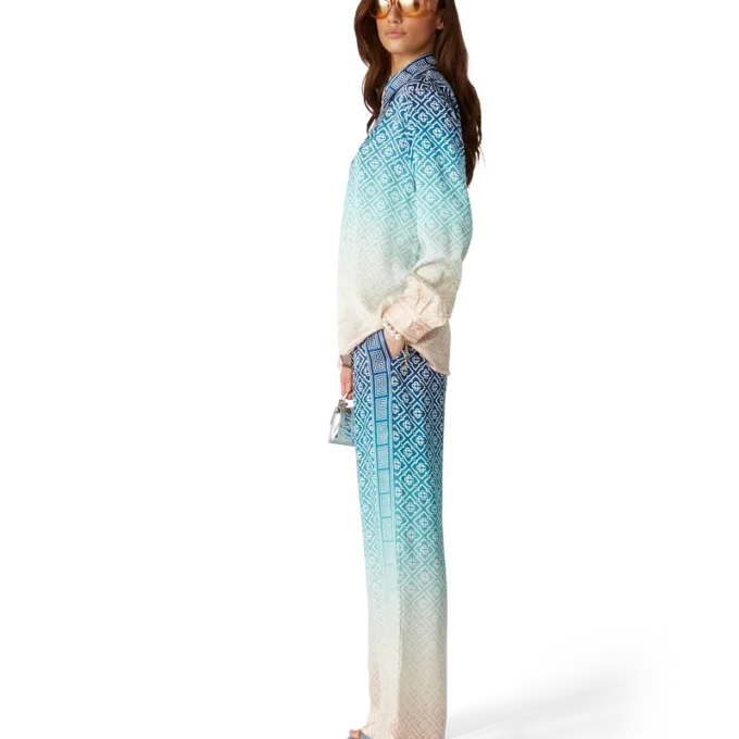 Jacquard-byxor i silke med ton-i-ton-mönster