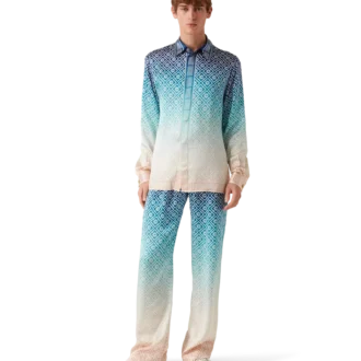 Jacquard-byxor i silke med ton-i-ton-mönster