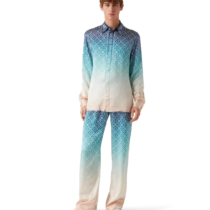 Jacquard-byxor i silke med ton-i-ton-mönster