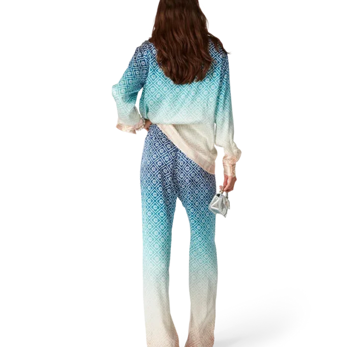 Jacquard-byxor i silke med ton-i-ton-mönster