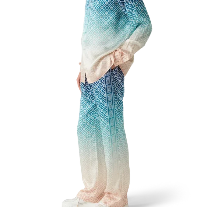 Jacquard-byxor i silke med ton-i-ton-mönster