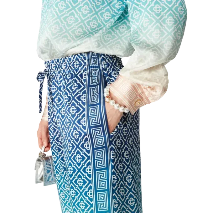 Jacquard-byxor i silke med ton-i-ton-mönster