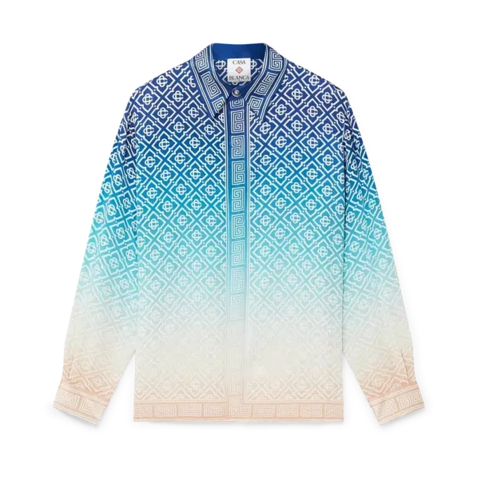 Jacquard-silkeskjorta med långa ärmar och gradientmönster