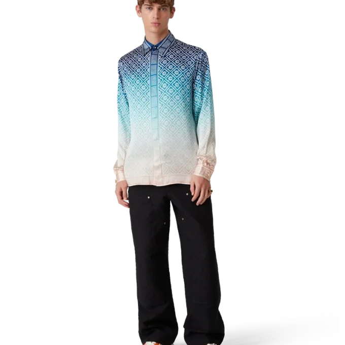 Jacquard-silkeskjorta med långa ärmar och gradientmönster