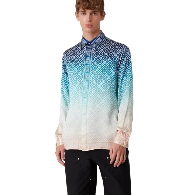 Jacquard-silkeskjorta med långa ärmar och gradientmönster