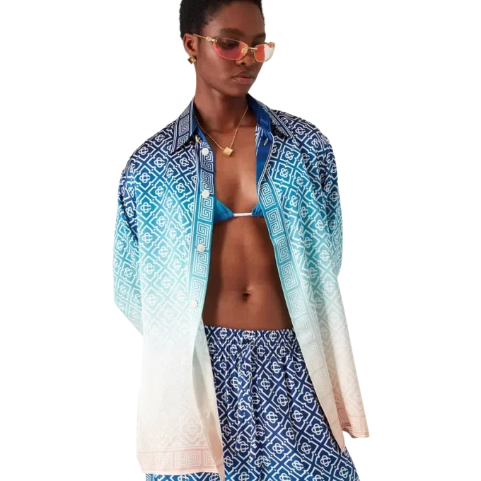 Jacquard-skjorta i silke med ton-i-ton-mönster