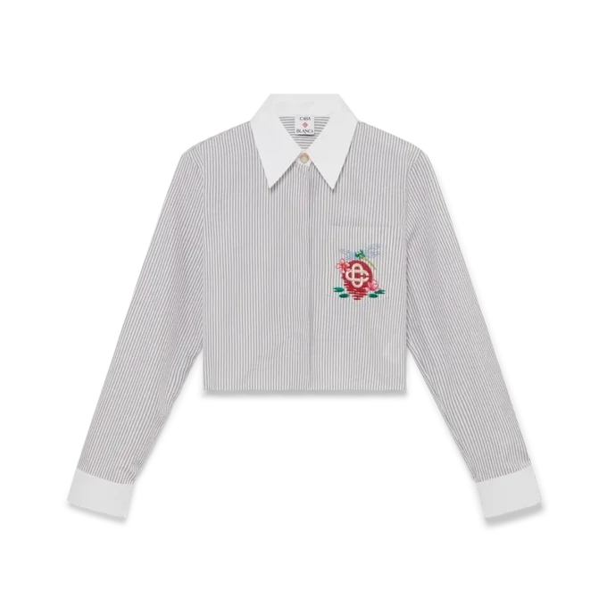 Kort skjorta i bomull med nålstreck och broderi