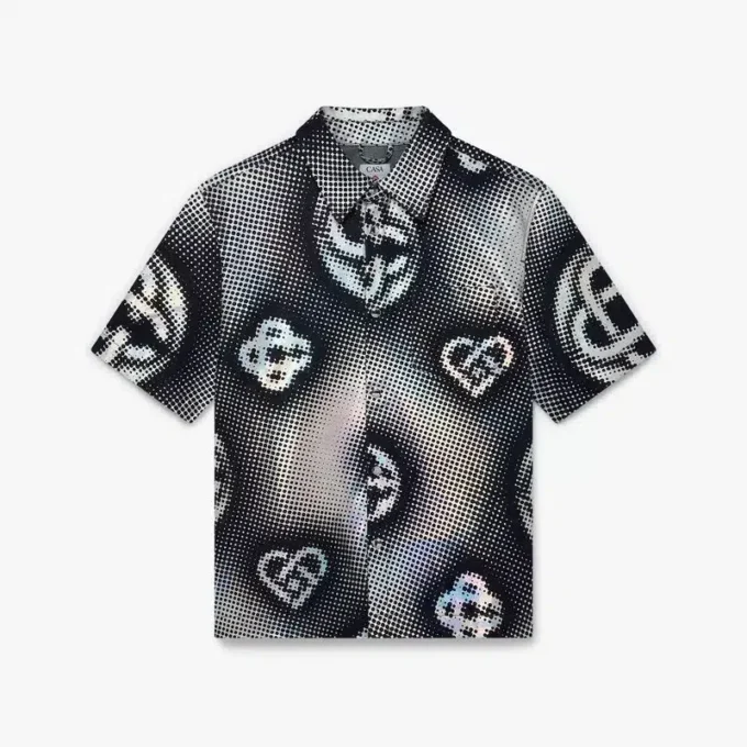 Kortärmad denimskjorta med pärlemorskimrande monogram