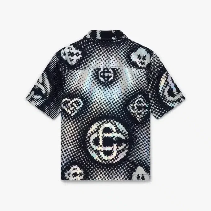 Kortärmad denimskjorta med pärlemorskimrande monogram