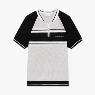 Kortärmad pikétröja med dragkedja och metalliska randiga mesh-detaljer på shortsen