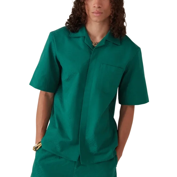 Kortärmad skjorta i bomullsjacquard med monogram