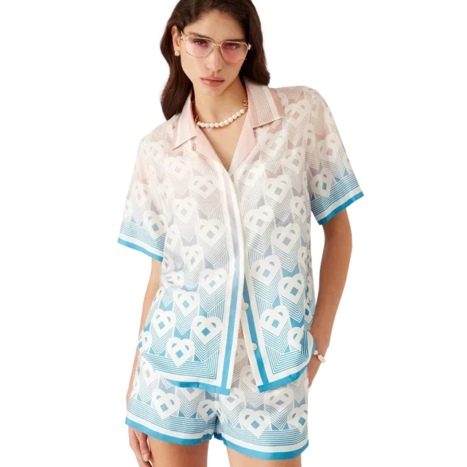 Kortärmad skjorta i siden med hjärtmonogram i gradient