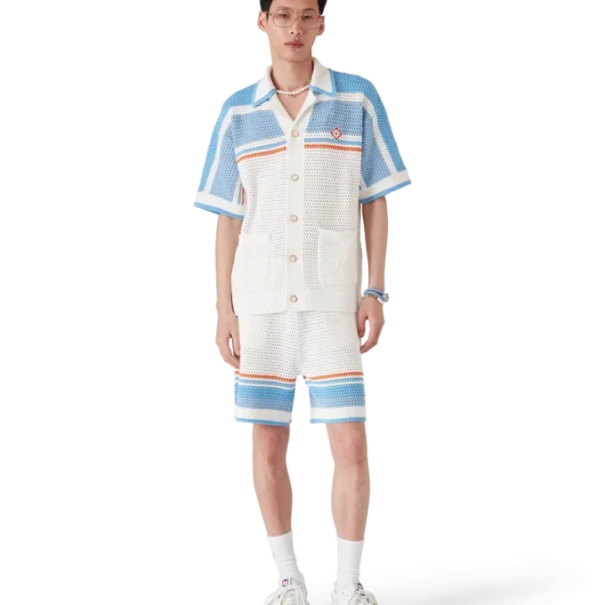 Kortärmad tennisskjorta i bomull med virkad struktur