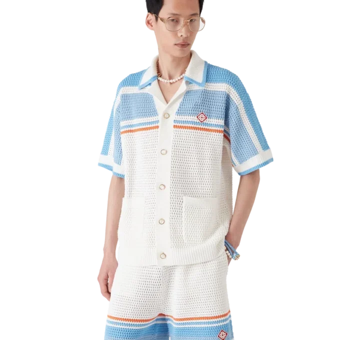 Kortärmad tennisskjorta i bomull med virkad struktur