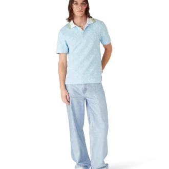 Ljusblå jacquard-pikétröja med korta ärmar