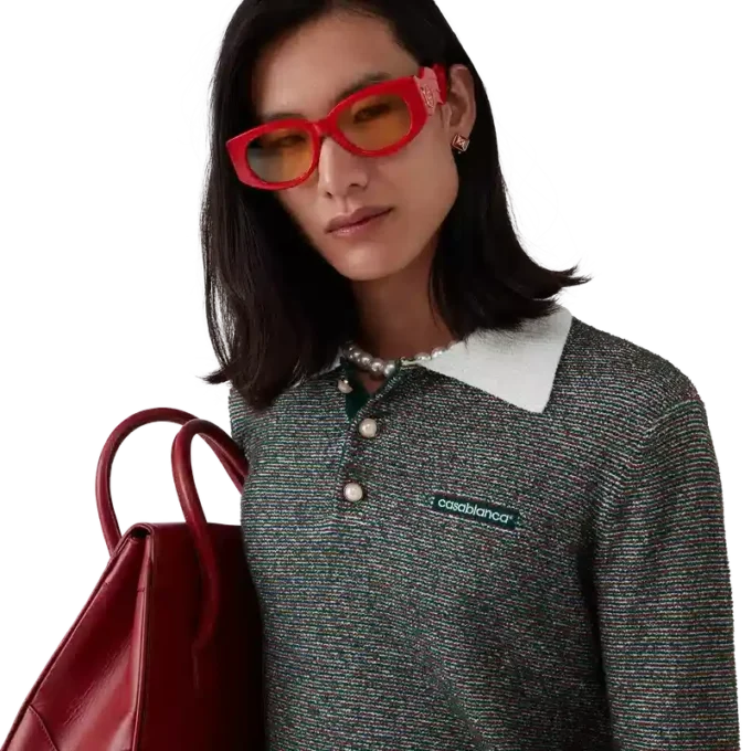 Långärmad pikétröja i bouclé-randigt tyg