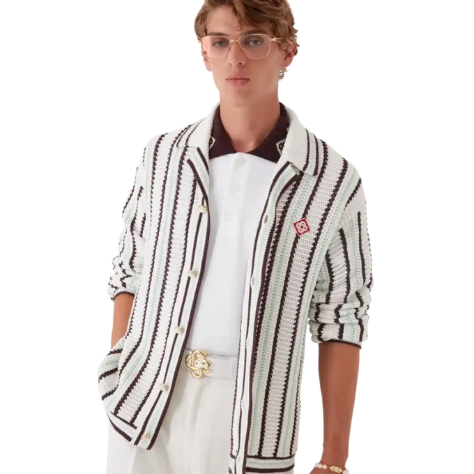 Randig bomullsskjorta i virkat tyg