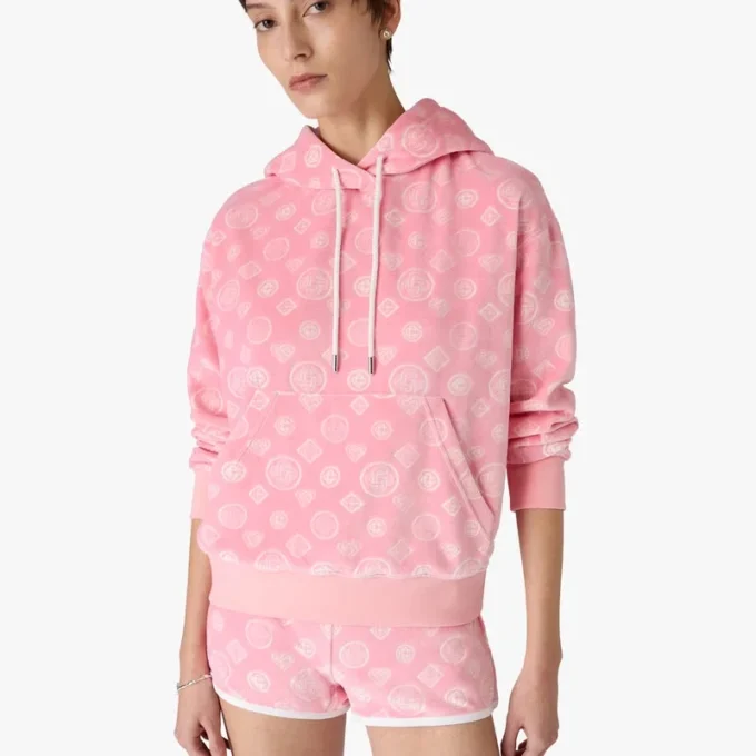 Rosa velour-hoodie med monogram