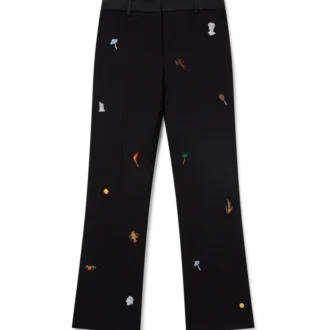 Skräddarsydda byxor i ull med broderat motiv