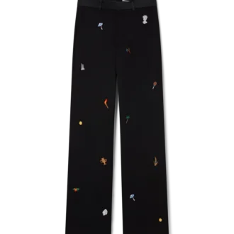 Skräddarsydda byxor i ull med broderat motiv