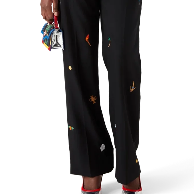 Skräddarsydda byxor i ull med broderat motiv