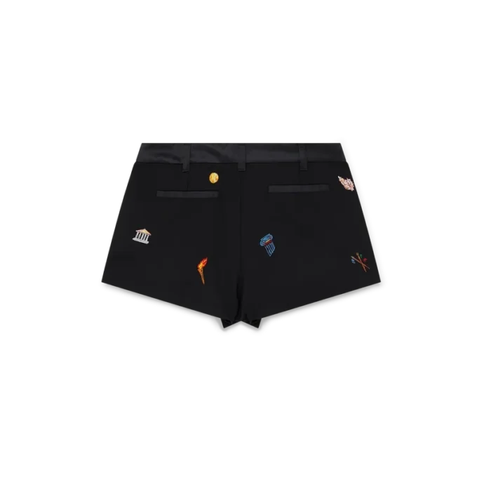 Skräddarsydda shorts i ull med broderat motiv