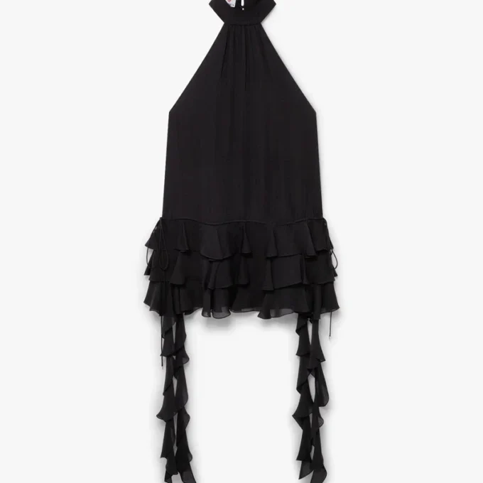 Svart miniklänning i georgette med dubbla volanger