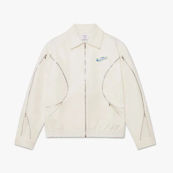 Vit bomullsdrilljacka med dragkedja