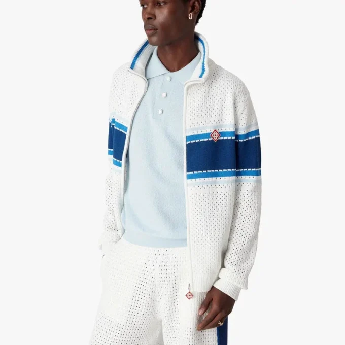 Vit och blårandig mesh-träningsjacka