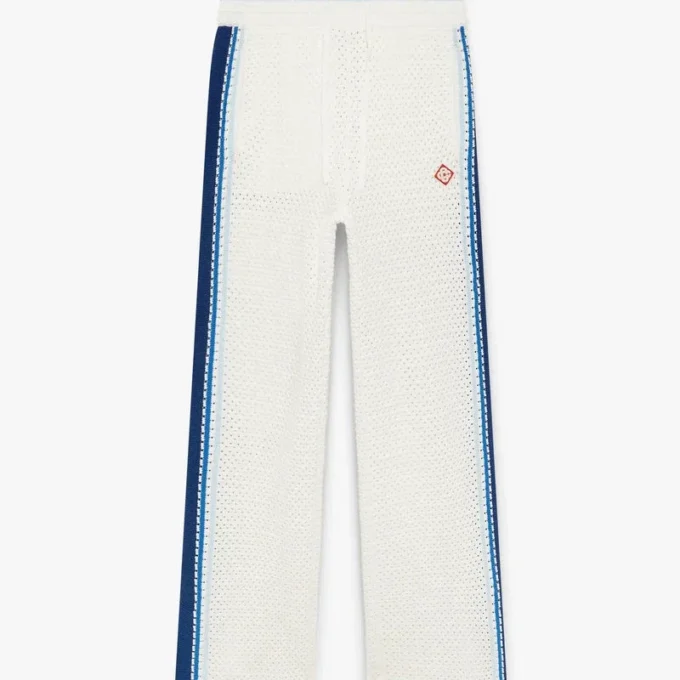 Vit- och blårandiga träningsbyxor i mesh